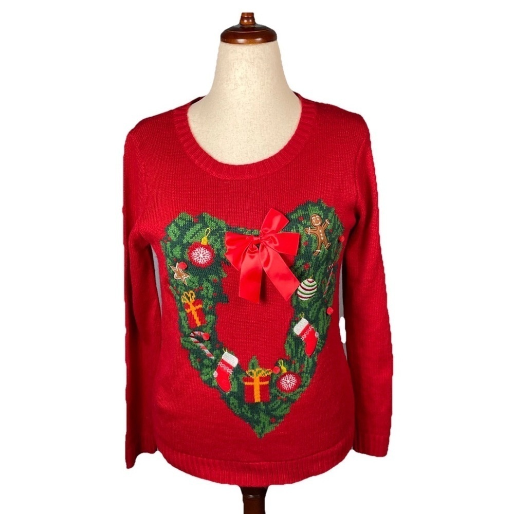 Karen Scott Crew Neck Sweater Holiday Wreath Presents Christmas Bow Size Small